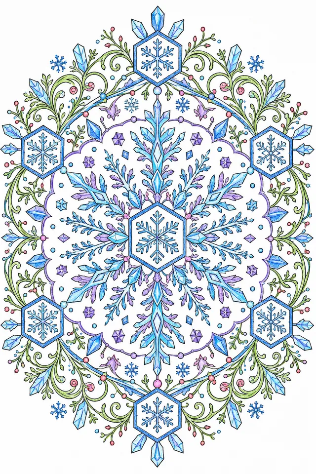 Symmetrisches Schneeflocken-Mandala mit Eiskristall-Mustern in konzentrischen Ringen
