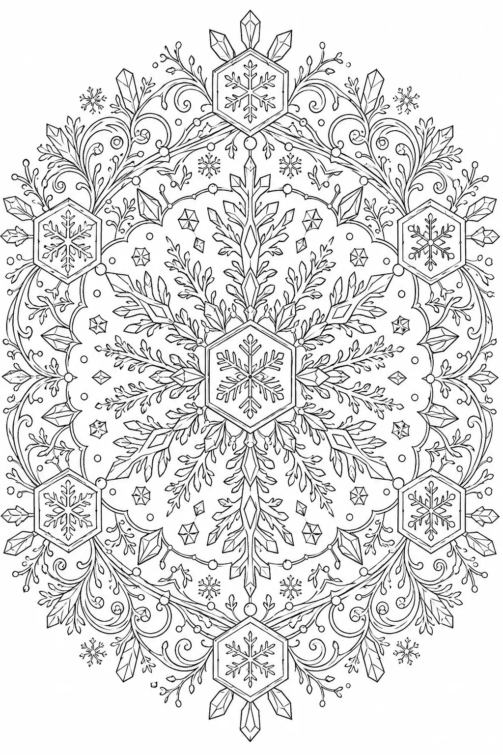 Symmetrisches Schneeflocken-Mandala mit Eiskristall-Mustern in konzentrischen Ringen