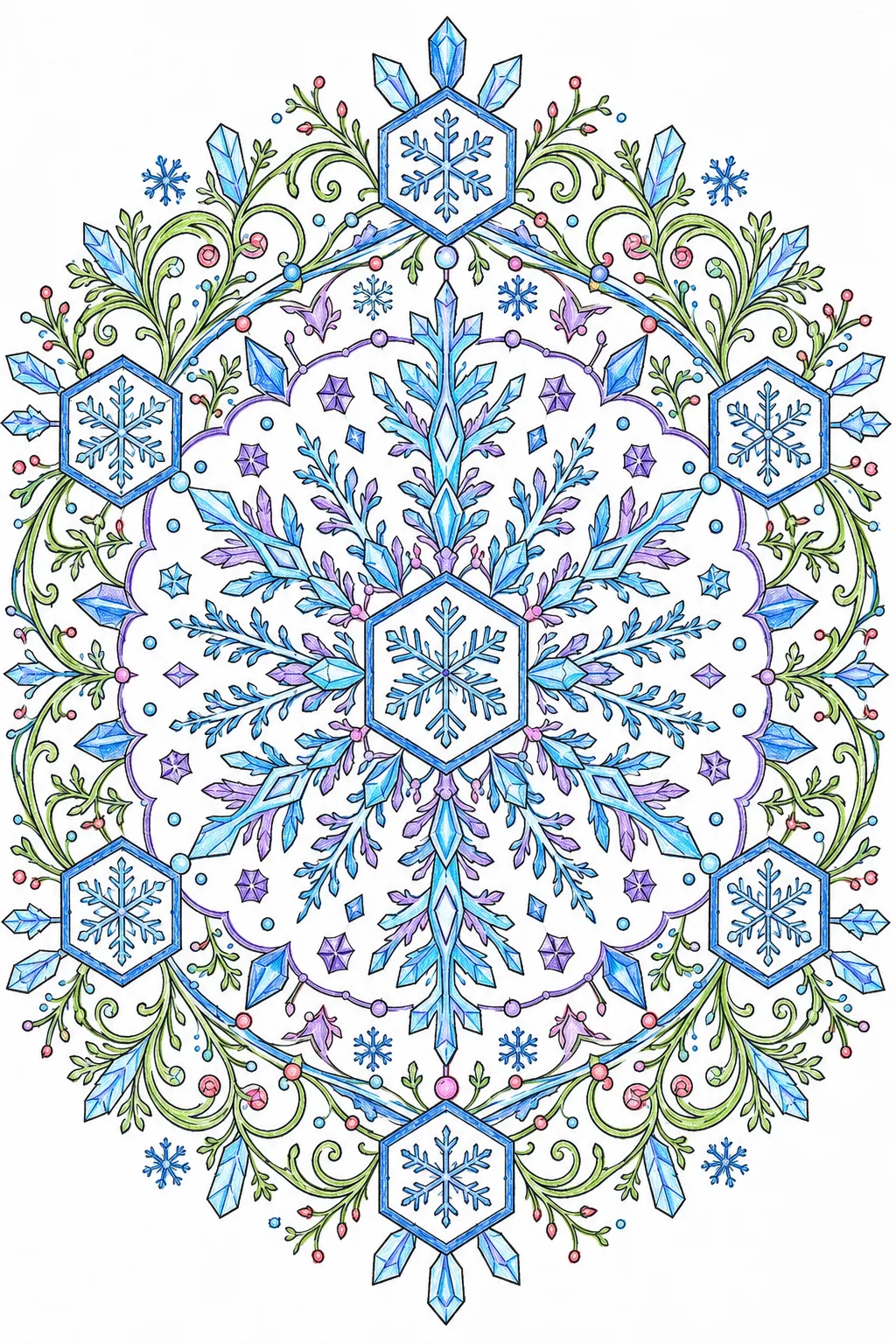 Mandala: Schneeflocken und Eiskristalle in geometrischen Mustern