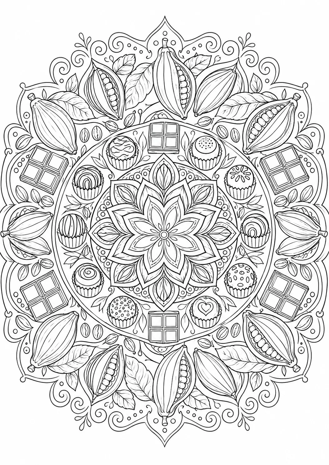 Ausmalseite Mandala: Symmetrisches Muster aus Kakaobohnen, Kakaofrüchten, Schokoladenstücken und Pralinen