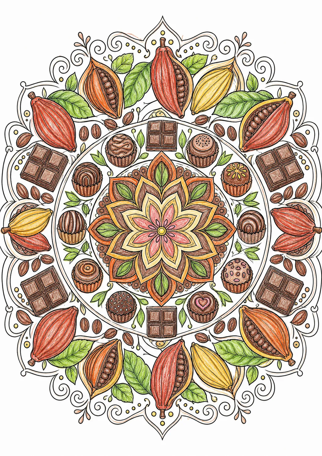 Mandala: Schokolade – Kakaobohnen und Pralinen