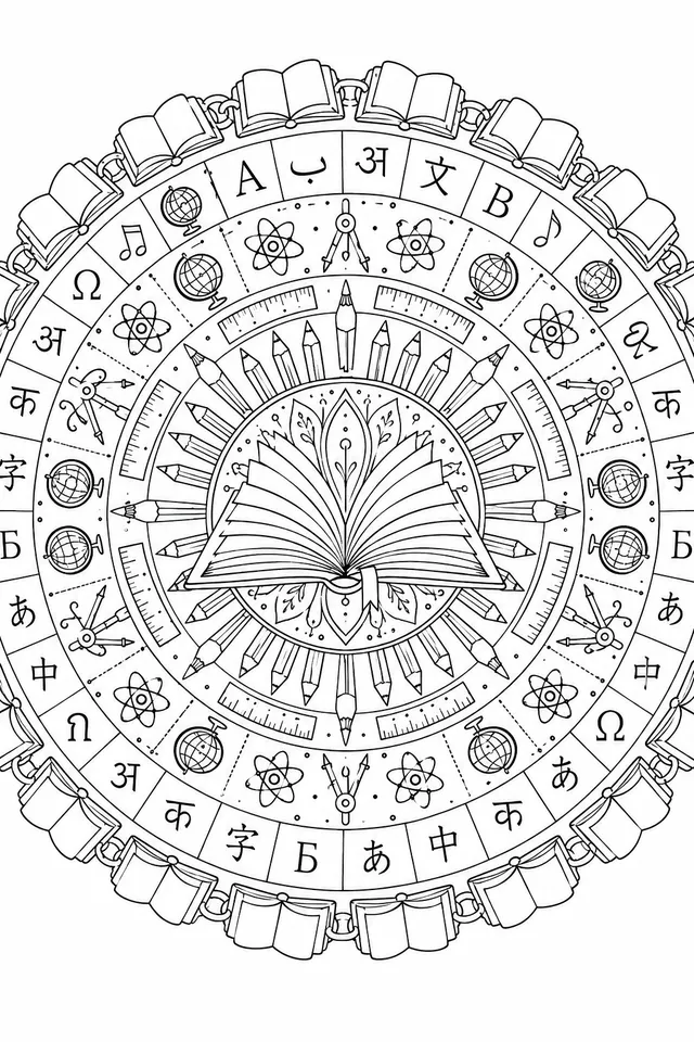 Mandala: Schulbücher, bunte Stifte und Lernwerkzeuge als Ornamente