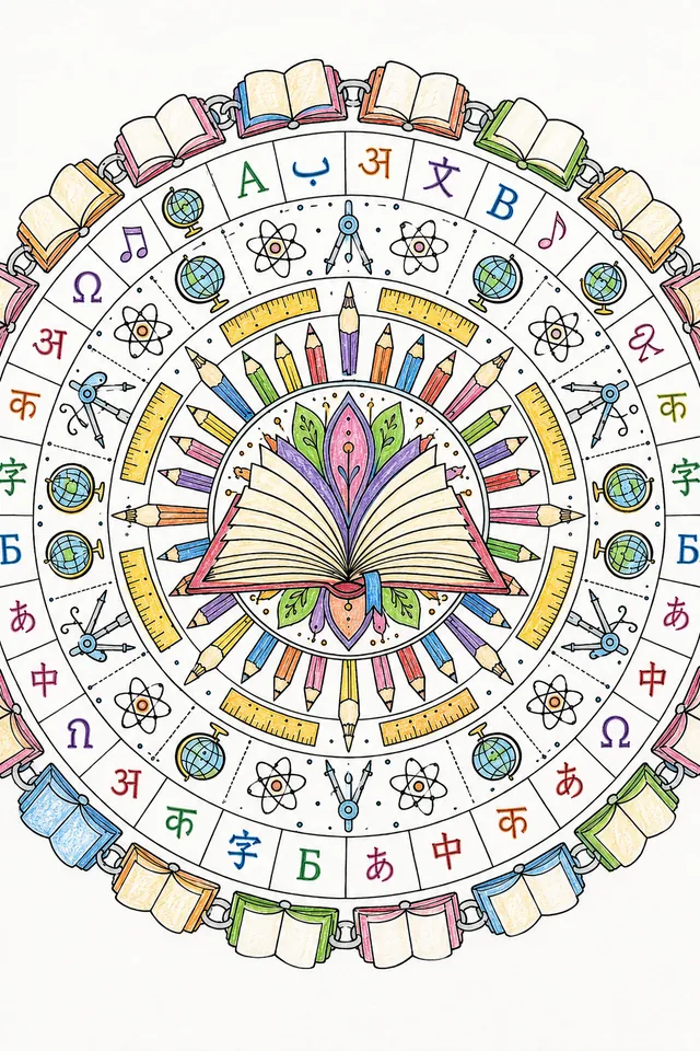 Symmetrisches Mandala mit offenem Buch im Zentrum und Lernwerkzeugen und Alphabeten als Ornamente