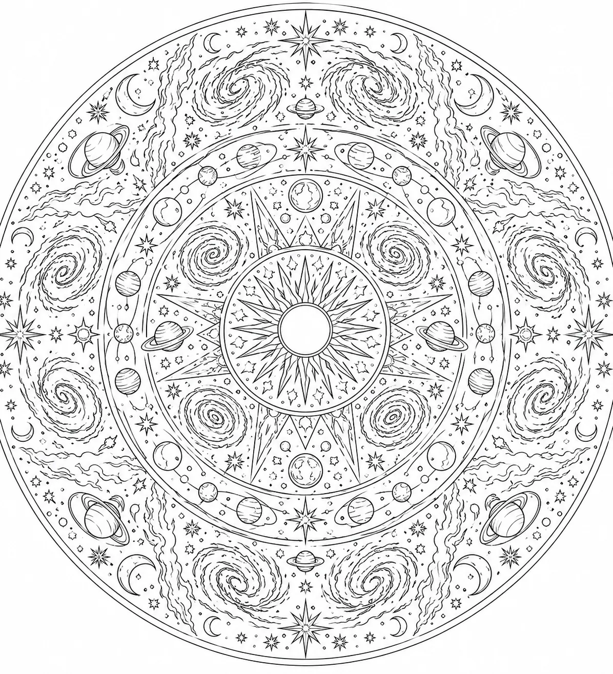 Ausmalseite: Kosmos-Mandala mit symmetrischen Spiralgalaxien, Sternformen und Planetenringen