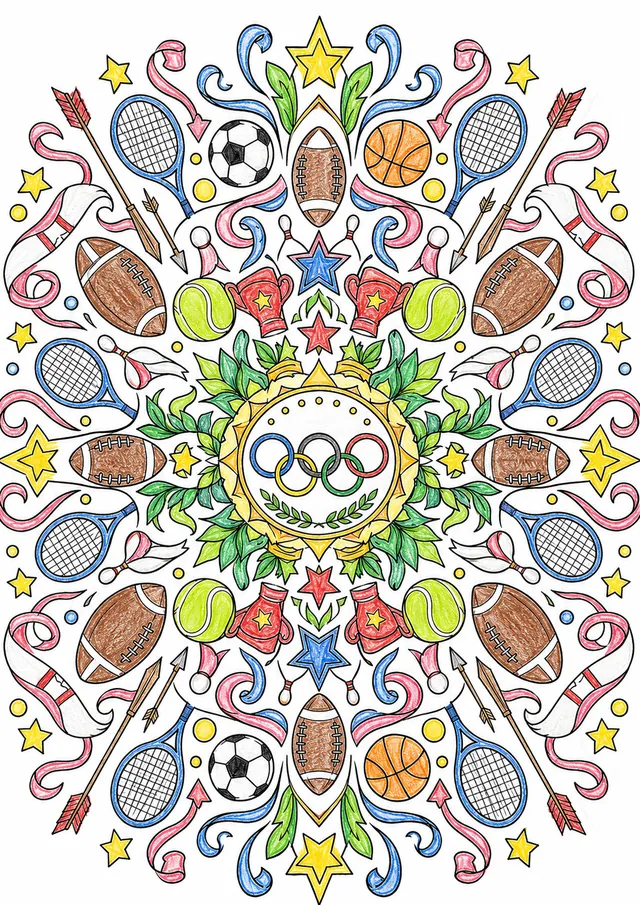 Symmetrisches Mandala aus Sportgeräten – Bälle, Olympische Ringe, Sterne in konzentrischen Mustern