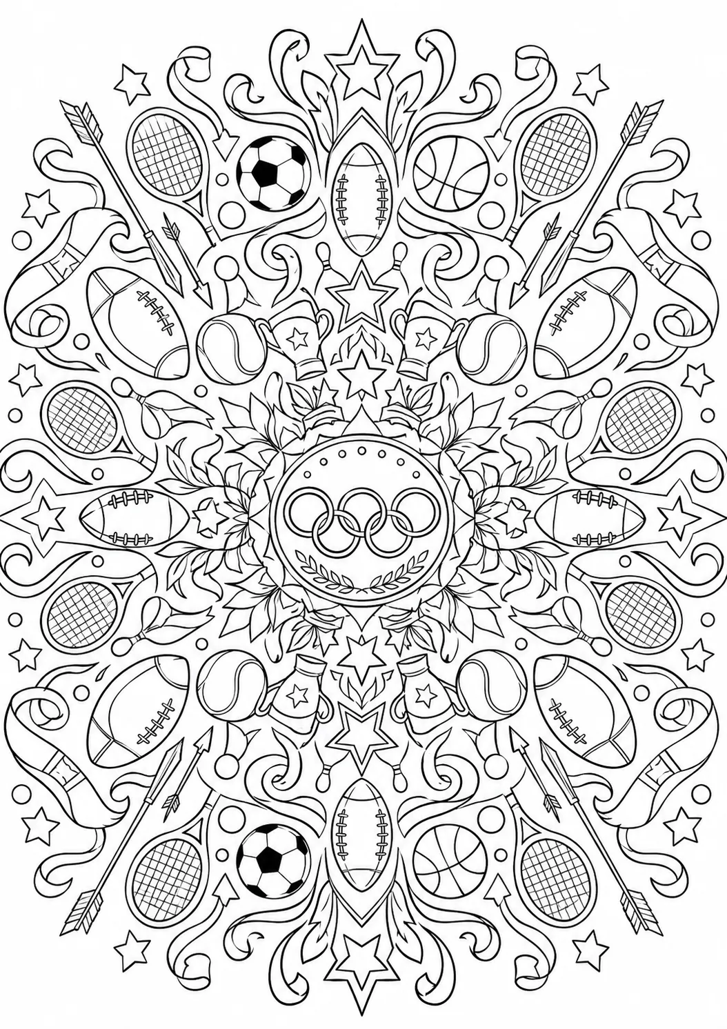 Symmetrisches Mandala aus Sportgeräten – Bälle, Olympische Ringe, Sterne in konzentrischen Mustern
