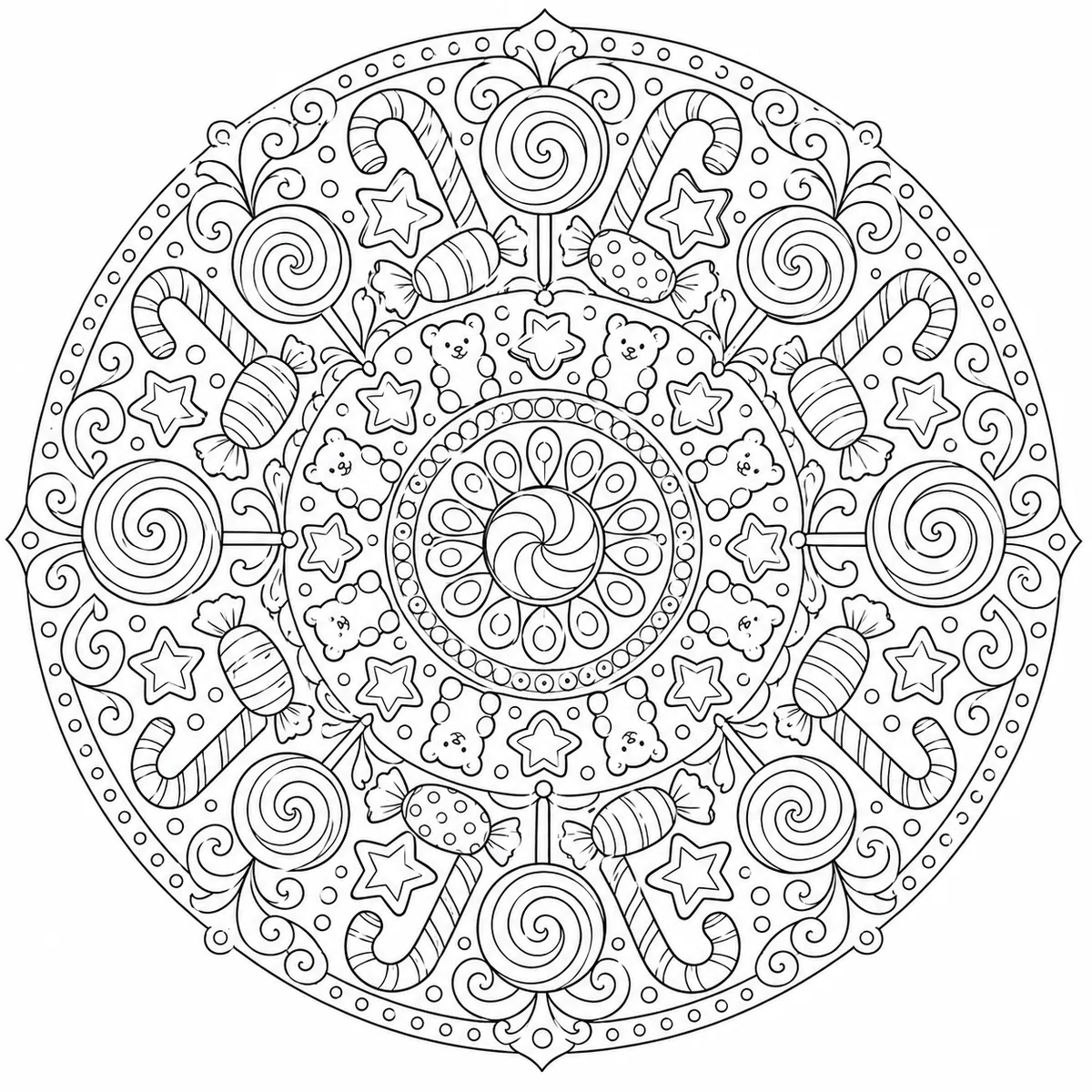 Mandala-Ausmalvorlage: Süßigkeiten und Lollipops kreisförmig angeordnet