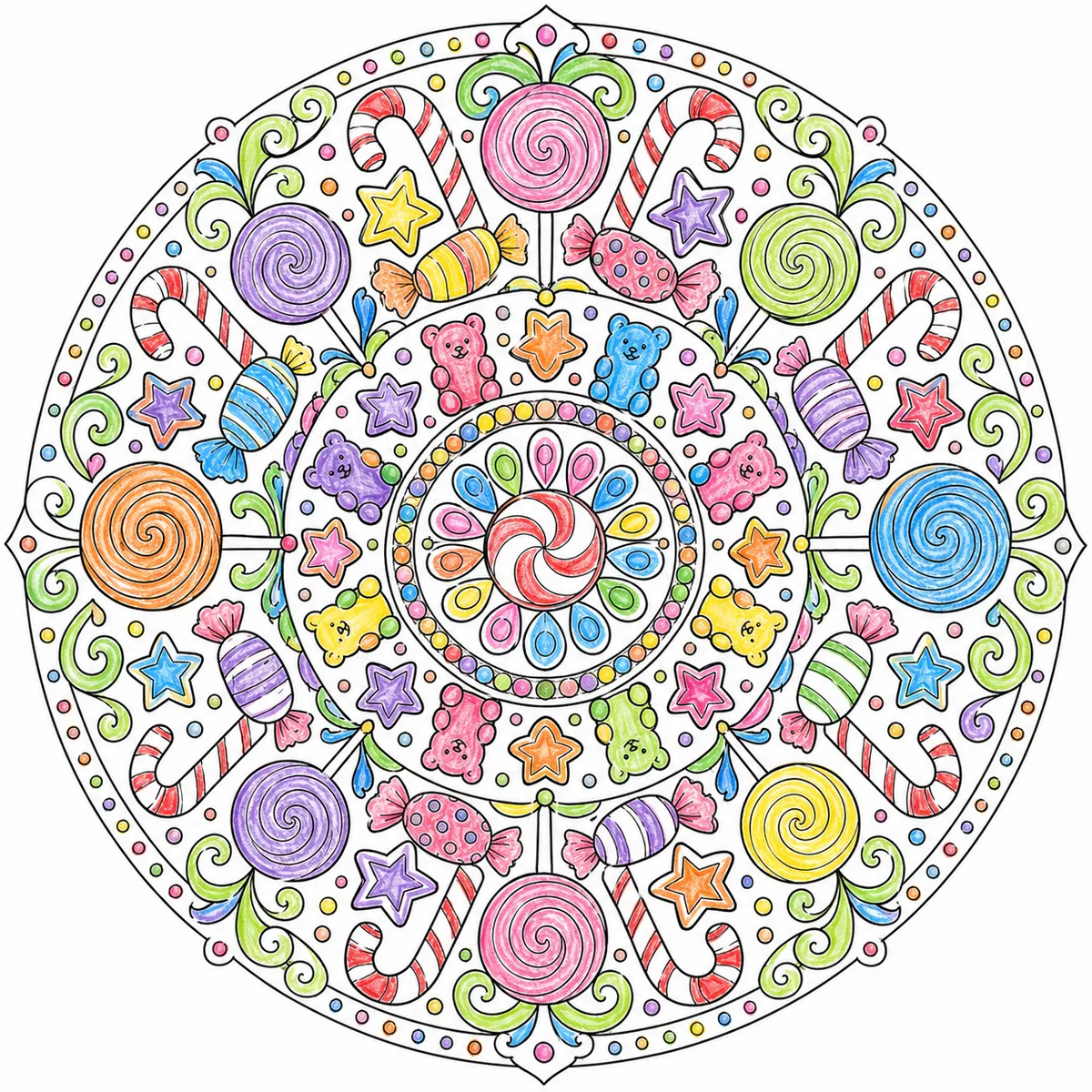 Mandala: Süßigkeiten, Bonbons und Lollipops