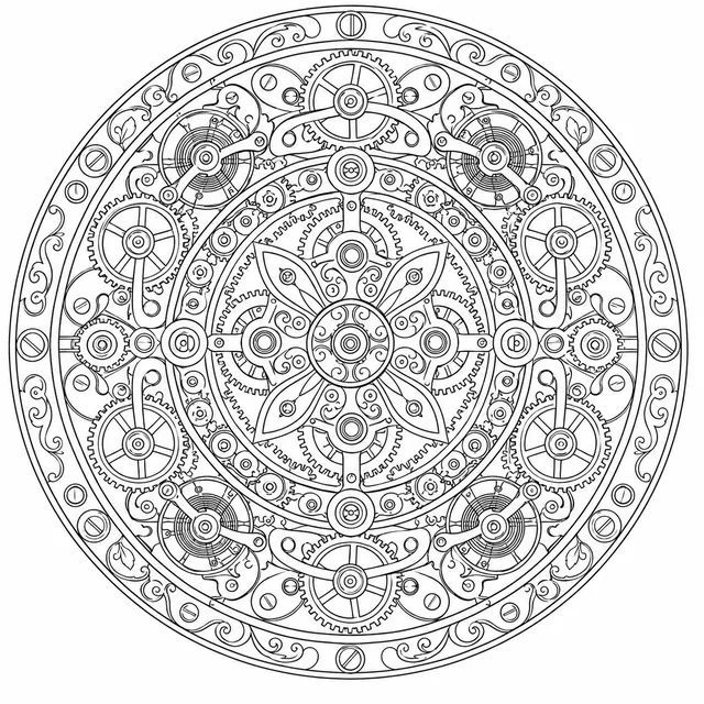 Mandala: Taschenuhr-Innenleben in konzentrischen Ringen