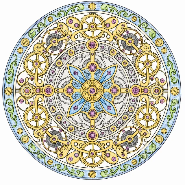 Mandala-Ausmalseite: Taschenuhrmechanismus in konzentrischen Ringen in radialer Symmetrie