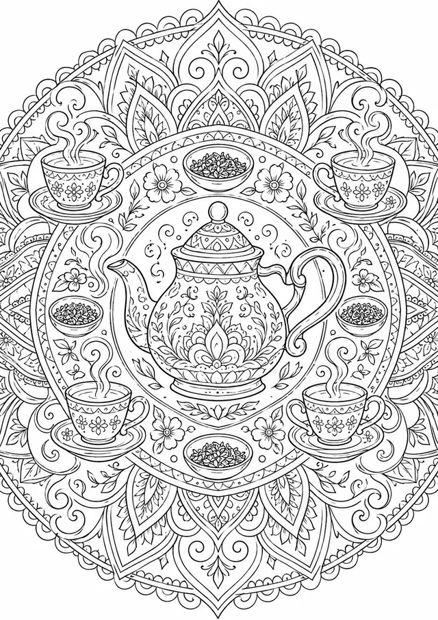 Mandala: Teekanne, Tassen und Teeblätter
