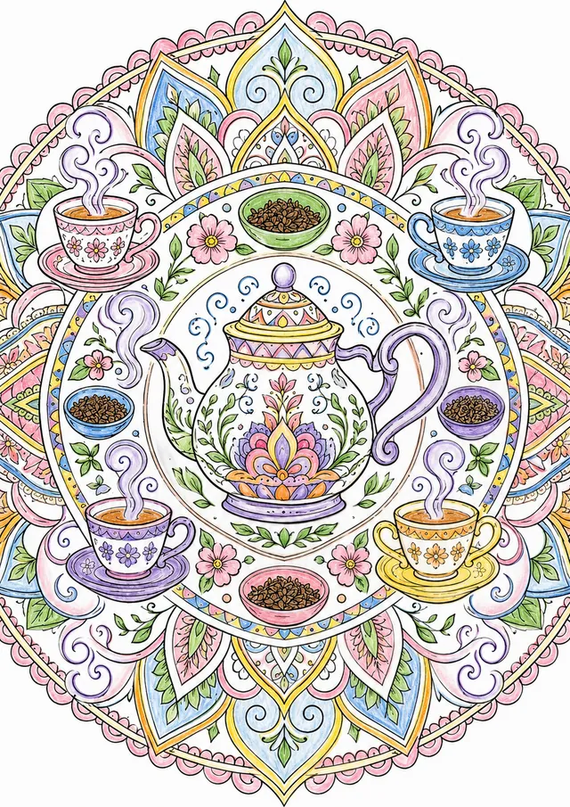 Mandala: Teekanne, Tassen und Teeblätter – So könnte es aussehen