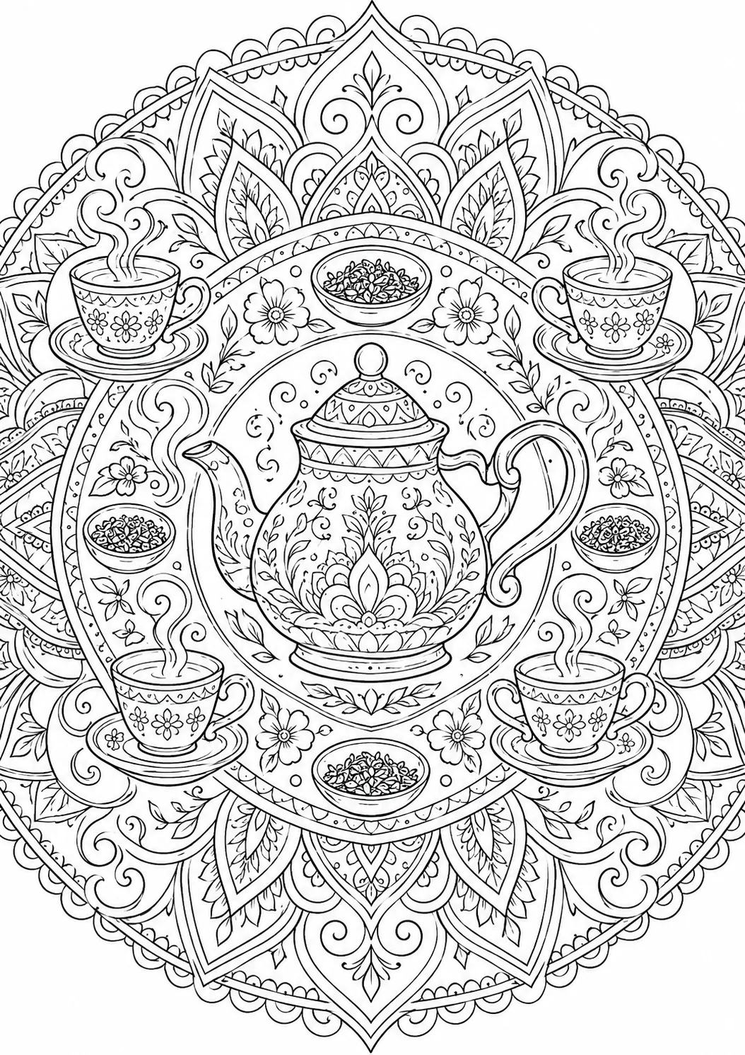 Ausmalseite: Symmetrisches Tee-Mandala mit Teekanne, Tassen, Blättern und Dampfmustern