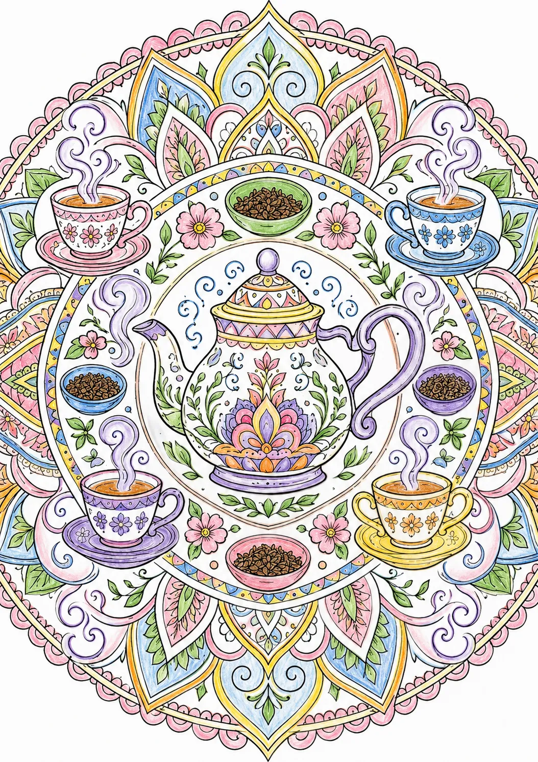 Mandala: Teekanne, Tassen und Teeblätter