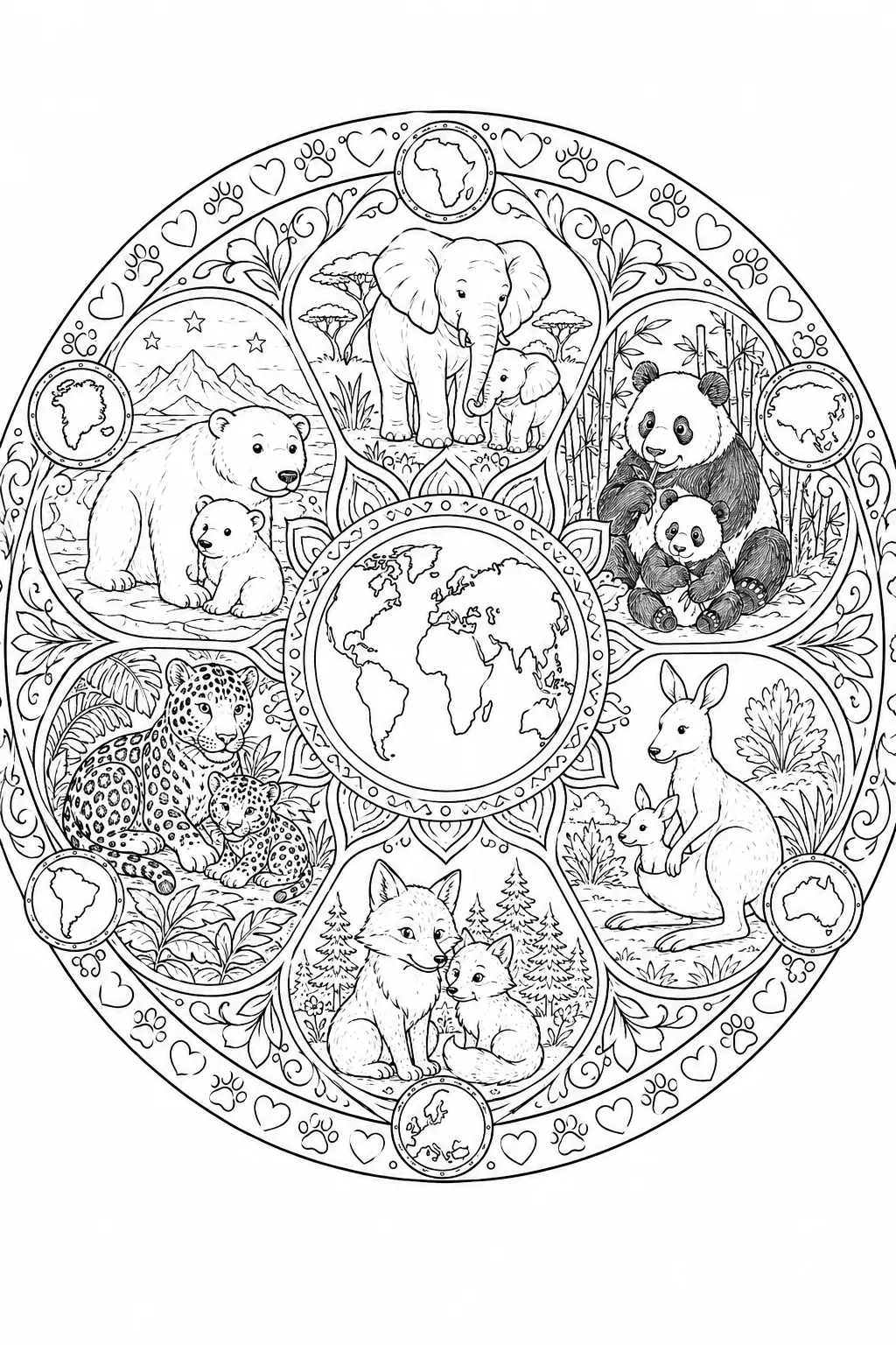 以地球仪为中心，所有大陆动物家庭在圆环中的对称曼陀罗