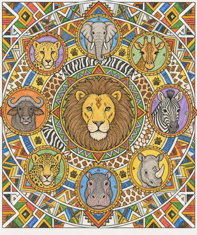 Symmetrisches Mandala mit Löwengesicht im Zentrum, Tiermasken und afrikanischen Zebrastreifen-Ornamenten