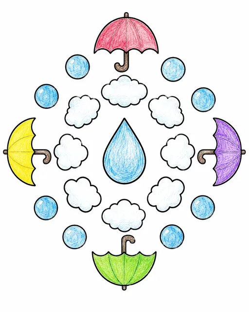 雨滴、云、水洼和雨伞组成的简单曼陀罗