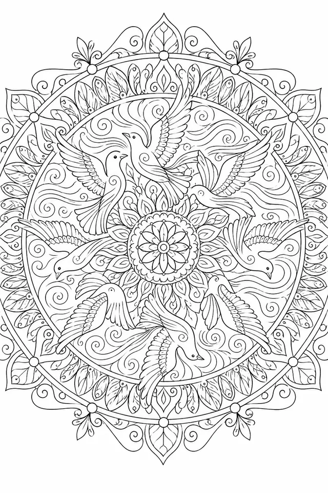 Mandala: Vögel im Flug und Luftströmungsmuster