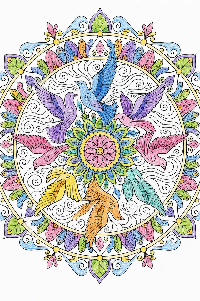 Symmetrisches Mandala mit fliegenden Vögeln, Luftströmungslinien und Federmustern