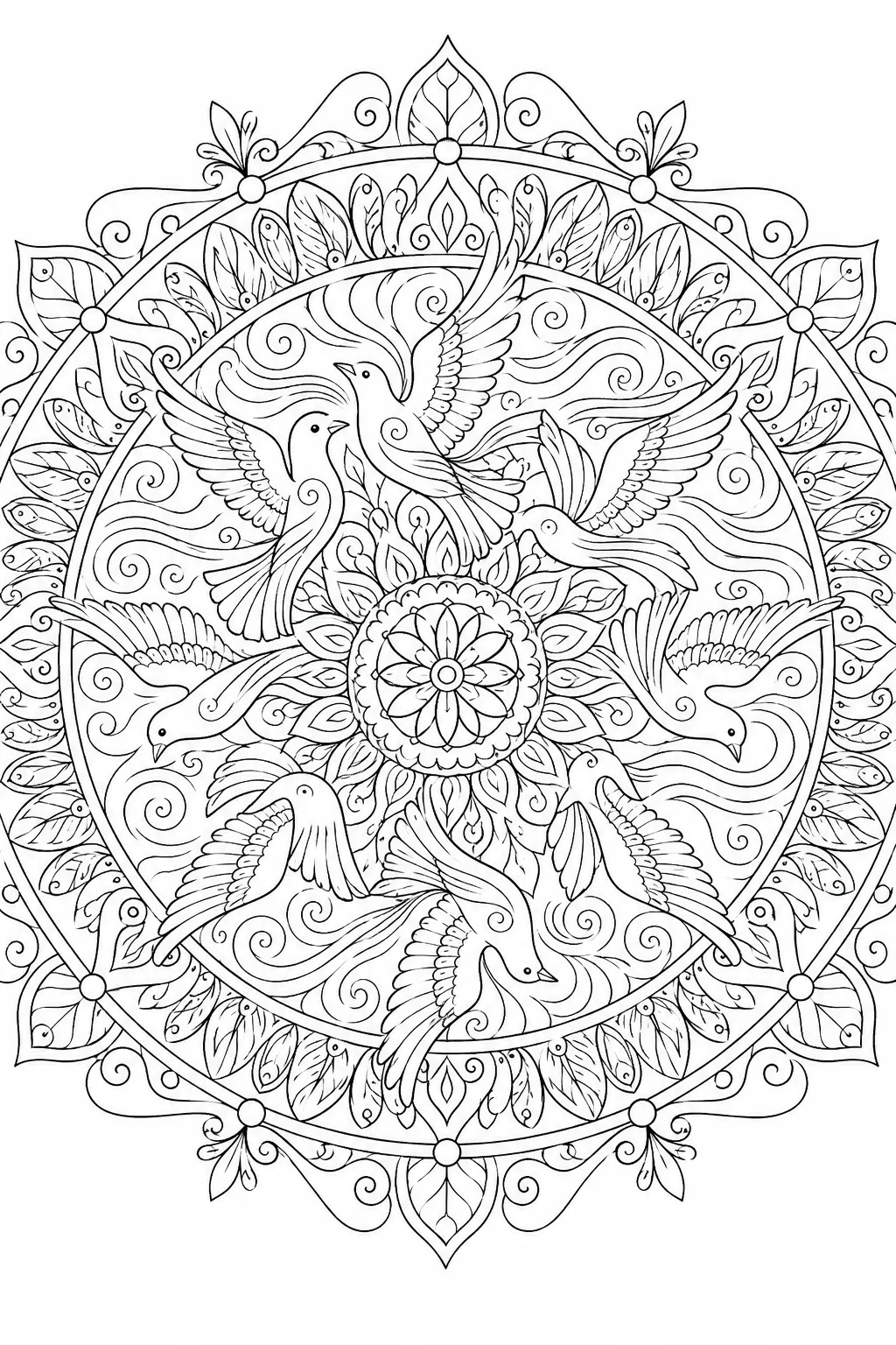 Symmetrisches Mandala mit fliegenden Vögeln, Luftströmungslinien und Federmustern