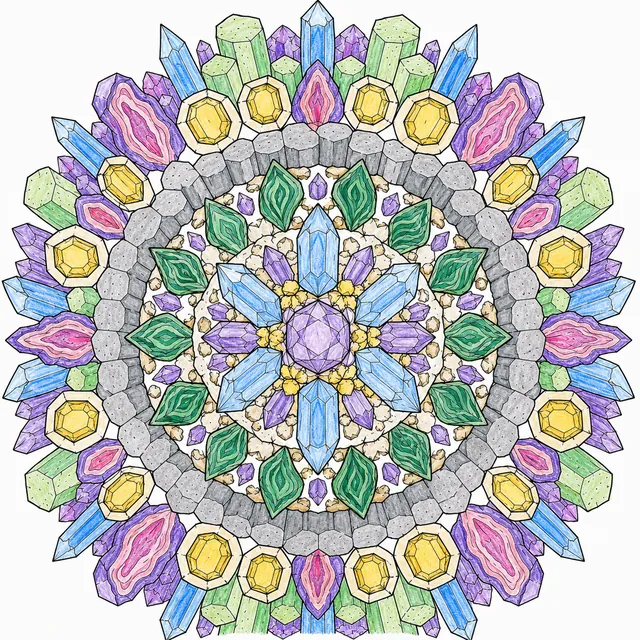 Mandalavorlage: Radial-symmetrisches Muster mit Edelsteinkristallen, Basaltsäulen und Vulkanmineralen