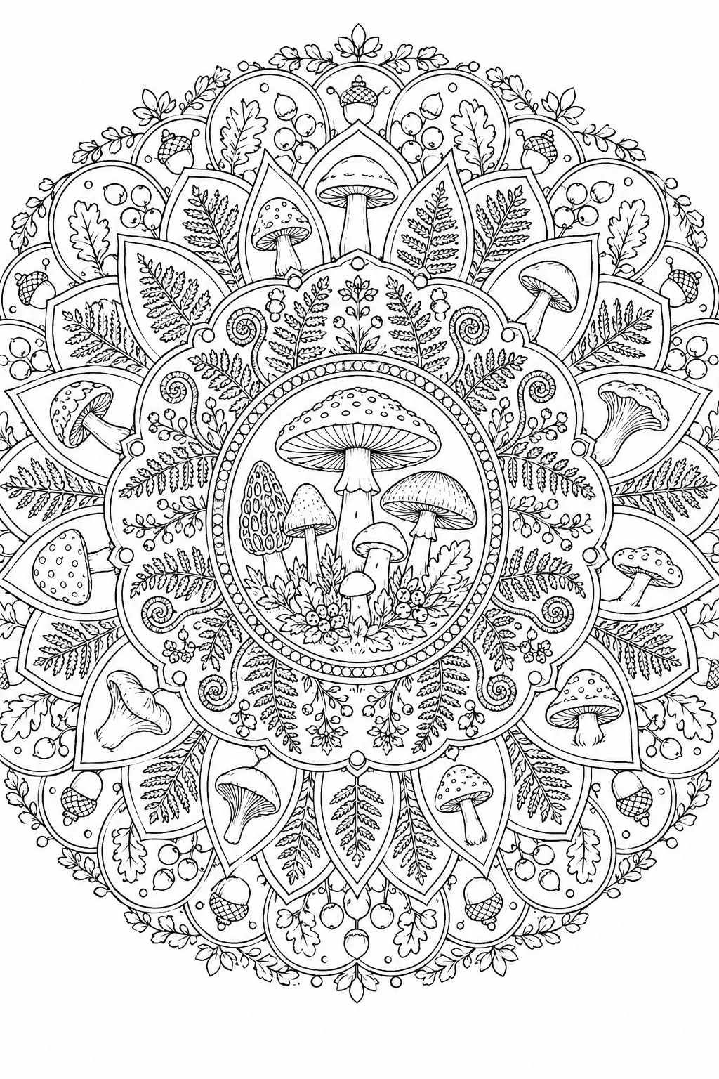 Ausmalseite: Symmetrisches Wald-Mandala mit Pilzhüten, Farnwedeln, Beeren und Eicheln