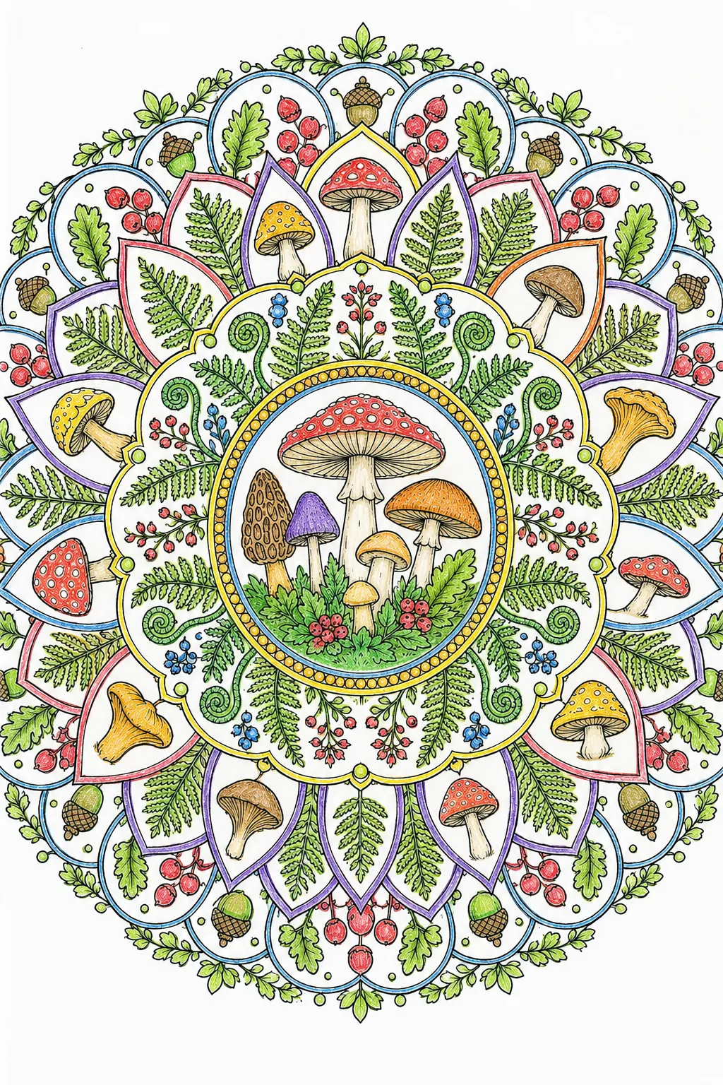 Mandala: Waldpilze und Farnblätter