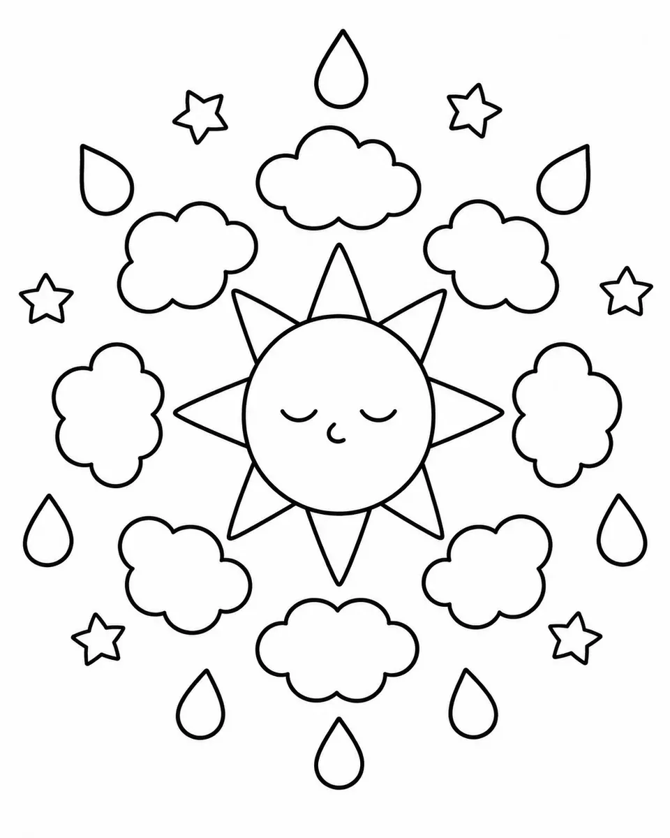 Einfaches Mandala mit Sonne, Wolken, Regentropfen und Sternen