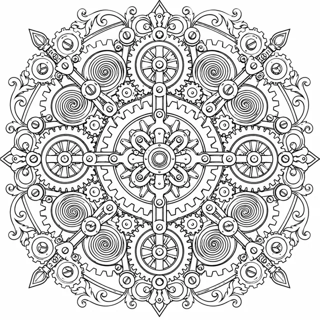Mandala: Zahnräder, Federn und Mechanik