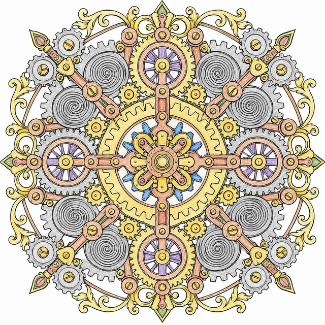 Ausmalseite Mandala: Symmetrisches Muster aus ineinandergreifenden Zahnrädern, Uhrenfedern und Schrauben in konzentrischen Ringen