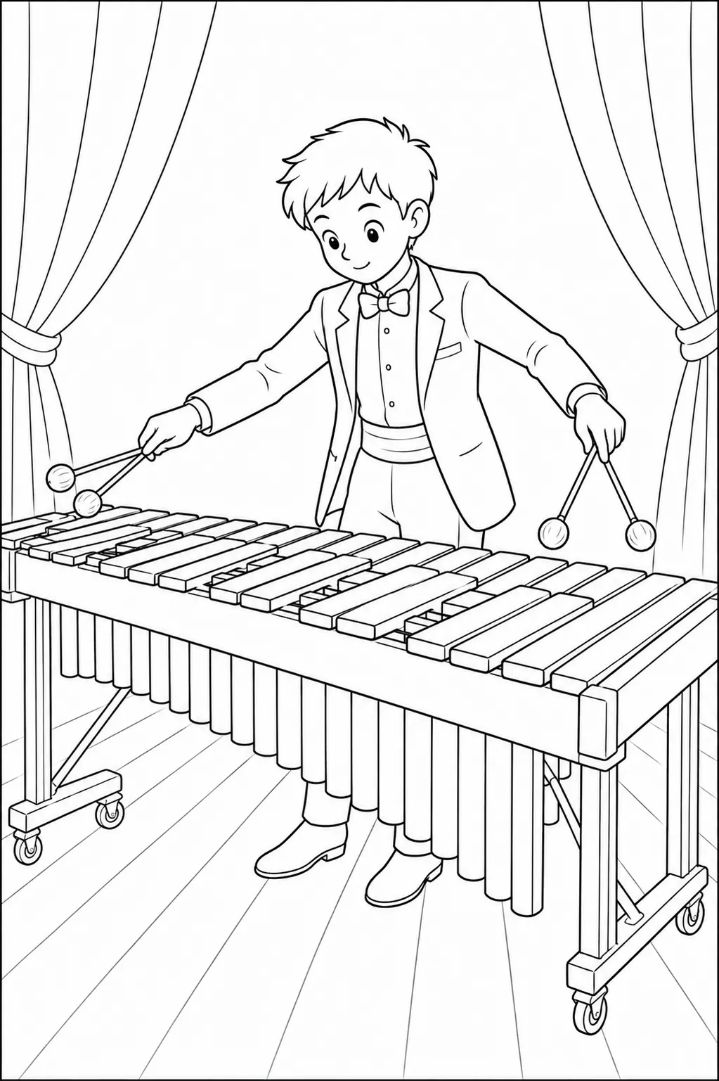 Ausmalbild: Marimba-Spieler mit vier Schlägeln schlägt Holzklangstäbe der Konzertmarimba