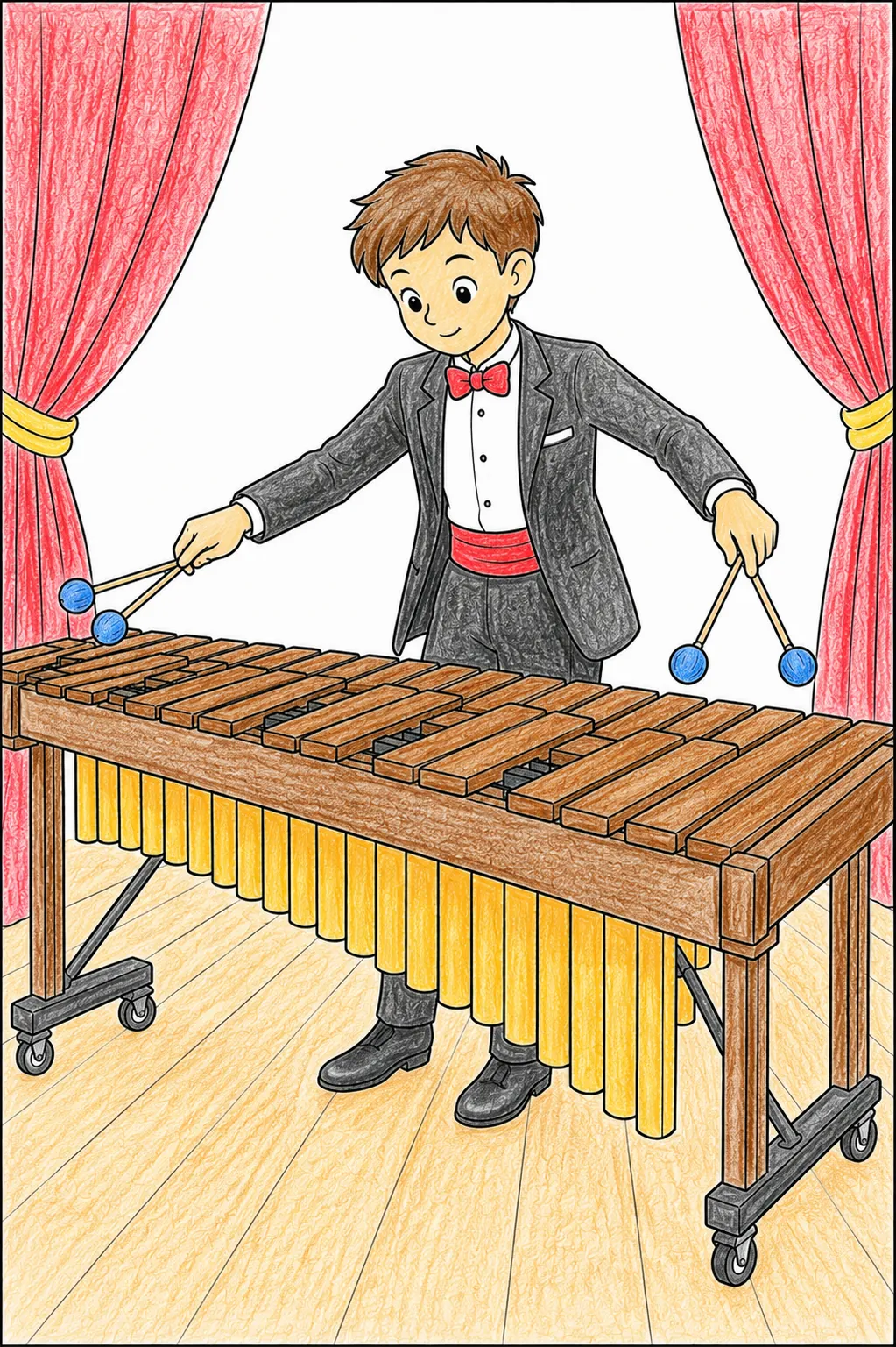 Marimba-Spieler schlägt Klangstäbe mit Schlägeln