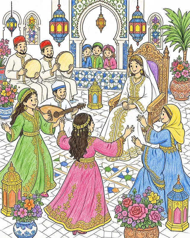Marokkanische Hochzeitsfeier im gefliesten Hof mit tanzenden Frauen und Musikern