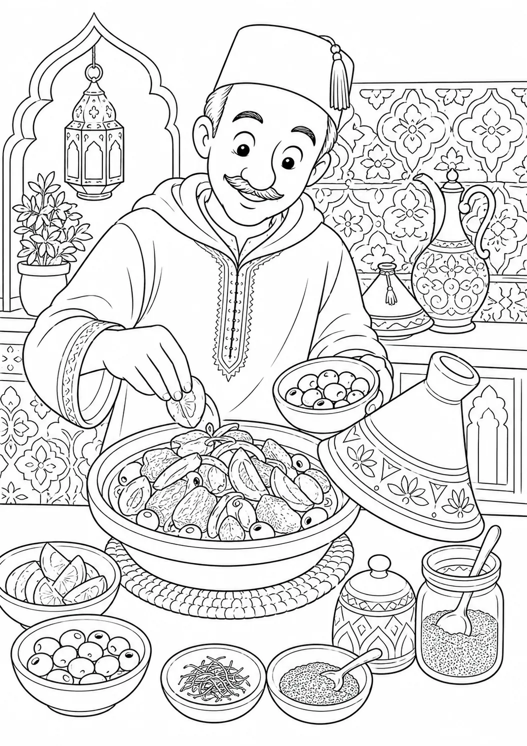 Ausmalseite: Marokkanischer Koch in Djellaba füllt konischen Tajine-Topf mit Lamm und Gewürzen