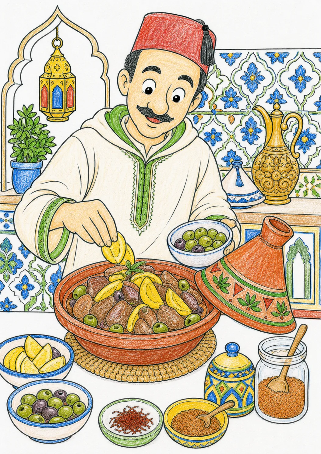 Marokkanischer Koch befüllt eine Tajine