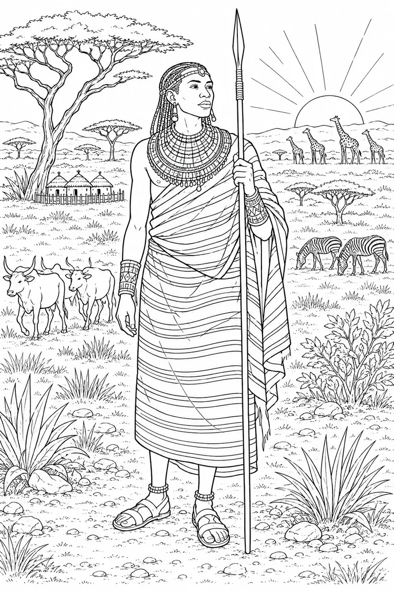 Massai-Krieger im Shuka-Tuch mit Speerstab in der Savanne, mit Akazien und Giraffen im Hintergrund