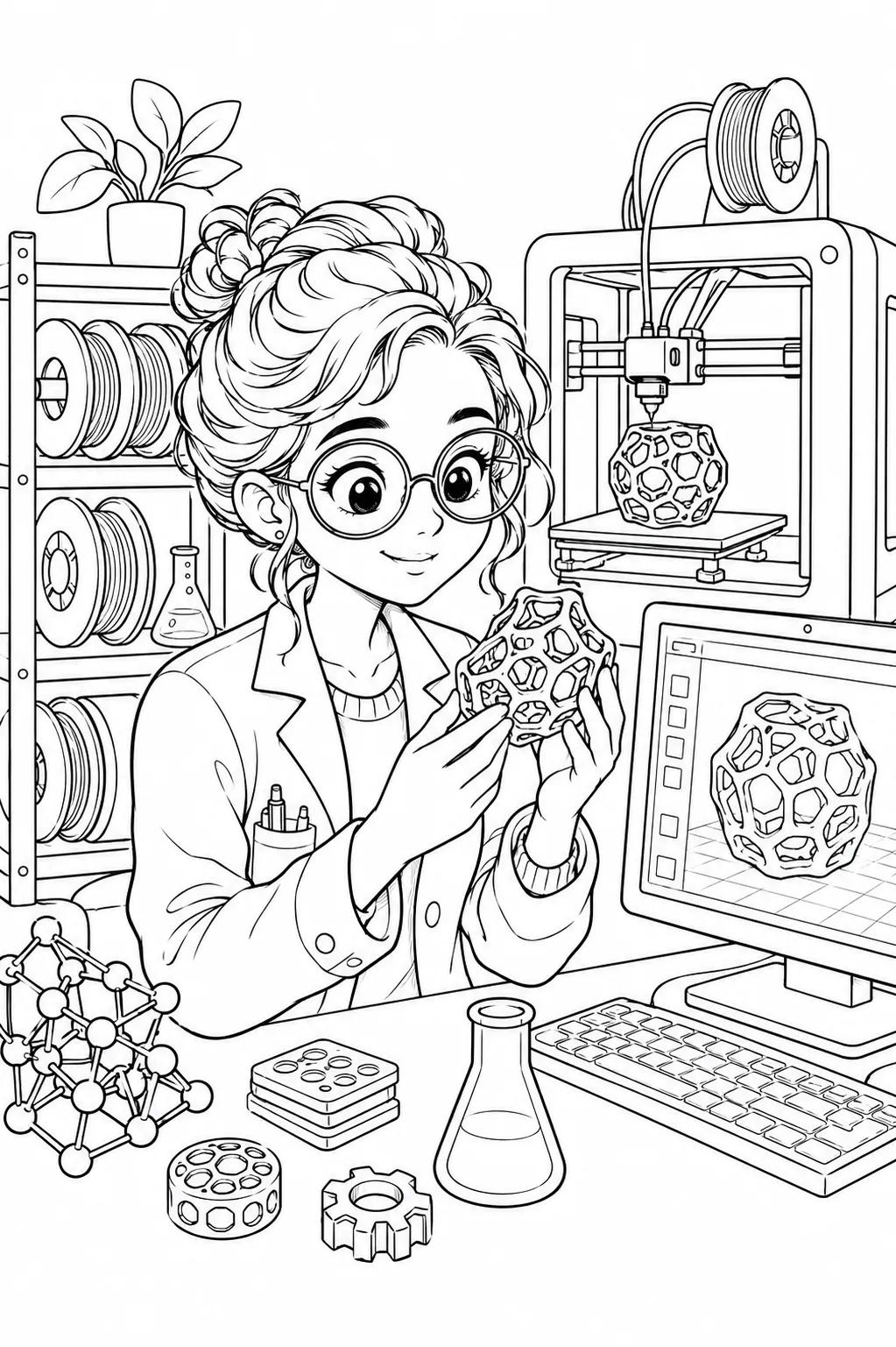 涂色模板：材料科学家手持3D打印物体，背景中有3D打印机