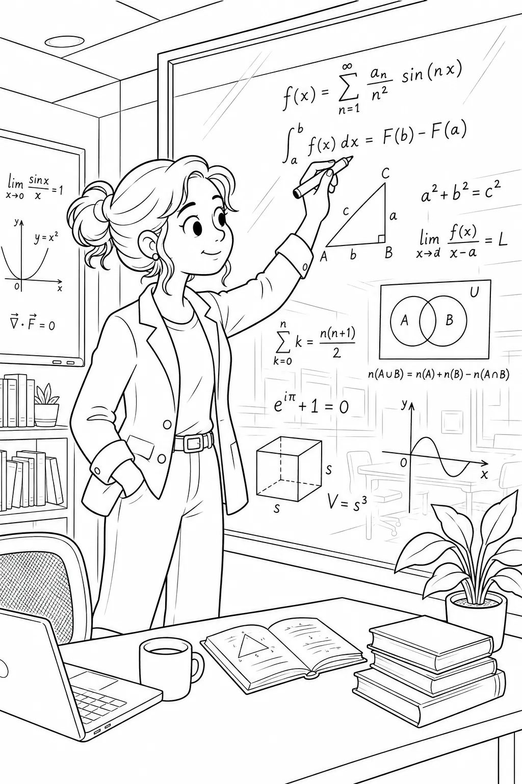 Ausmalseite: Mathematikerin schreibt mit Marker mathematische Gleichungen und Formeln auf transparente Glasscheibe im Hörsaal