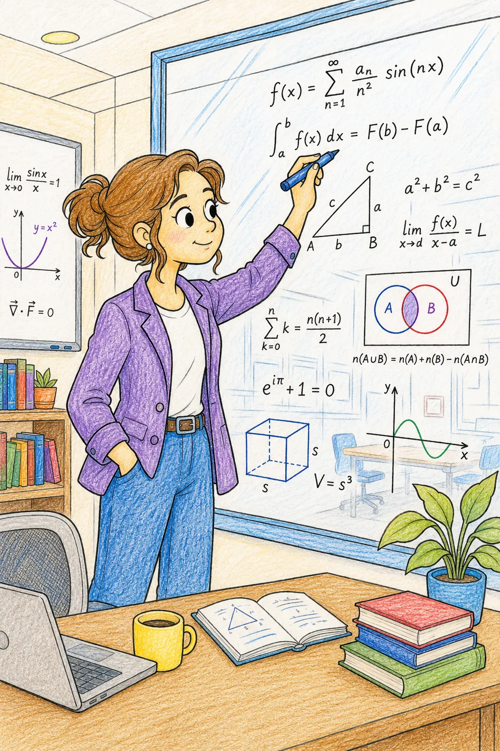 Mathematikerin schreibt Gleichungen auf eine Glasscheibe