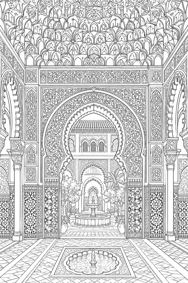 Maurisches Palasttor mit Arabesken und Muqarnas-Decken
