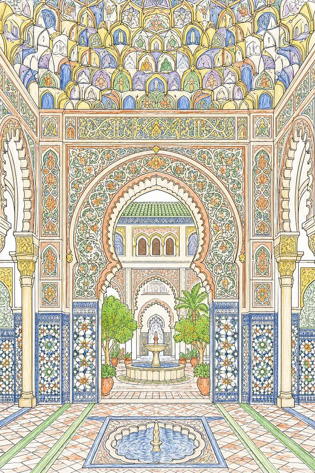 Maurisches Palasttor mit Arabesken, Muqarnas-Gewölbe und Zellij-Kachelwerk