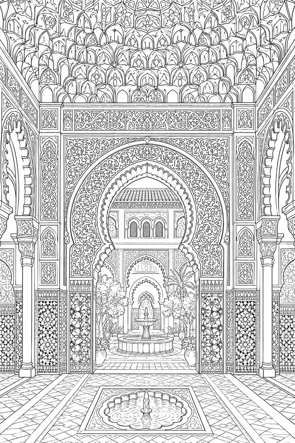 Maurisches Palasttor mit Arabesken, Muqarnas-Gewölbe und Zellij-Kachelwerk