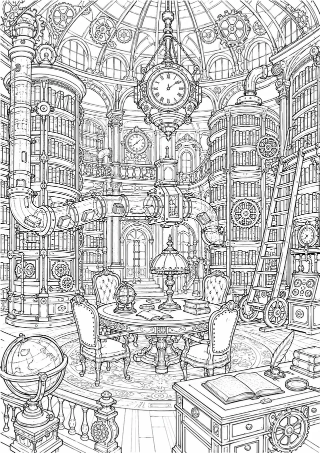 Mechanische Bibliothek mit drehenden Bücherregalen