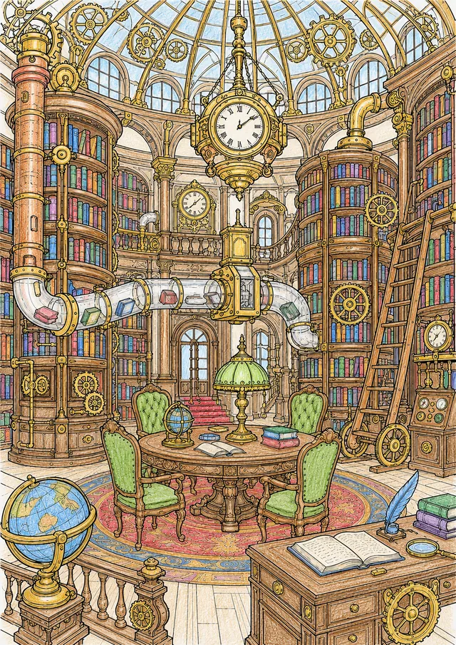 Ausmalseite: Viktorianische mechanische Bibliothek mit auf Messingzahnrädern drehenden Bücherregalen und Uhrwerkkuppeldecke