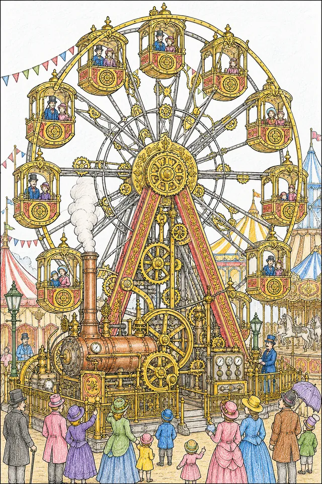 Ausmalseite: Detailliertes viktorianisches Steampunk-Riesenrad mit Dampfmaschine und Messinggondeln