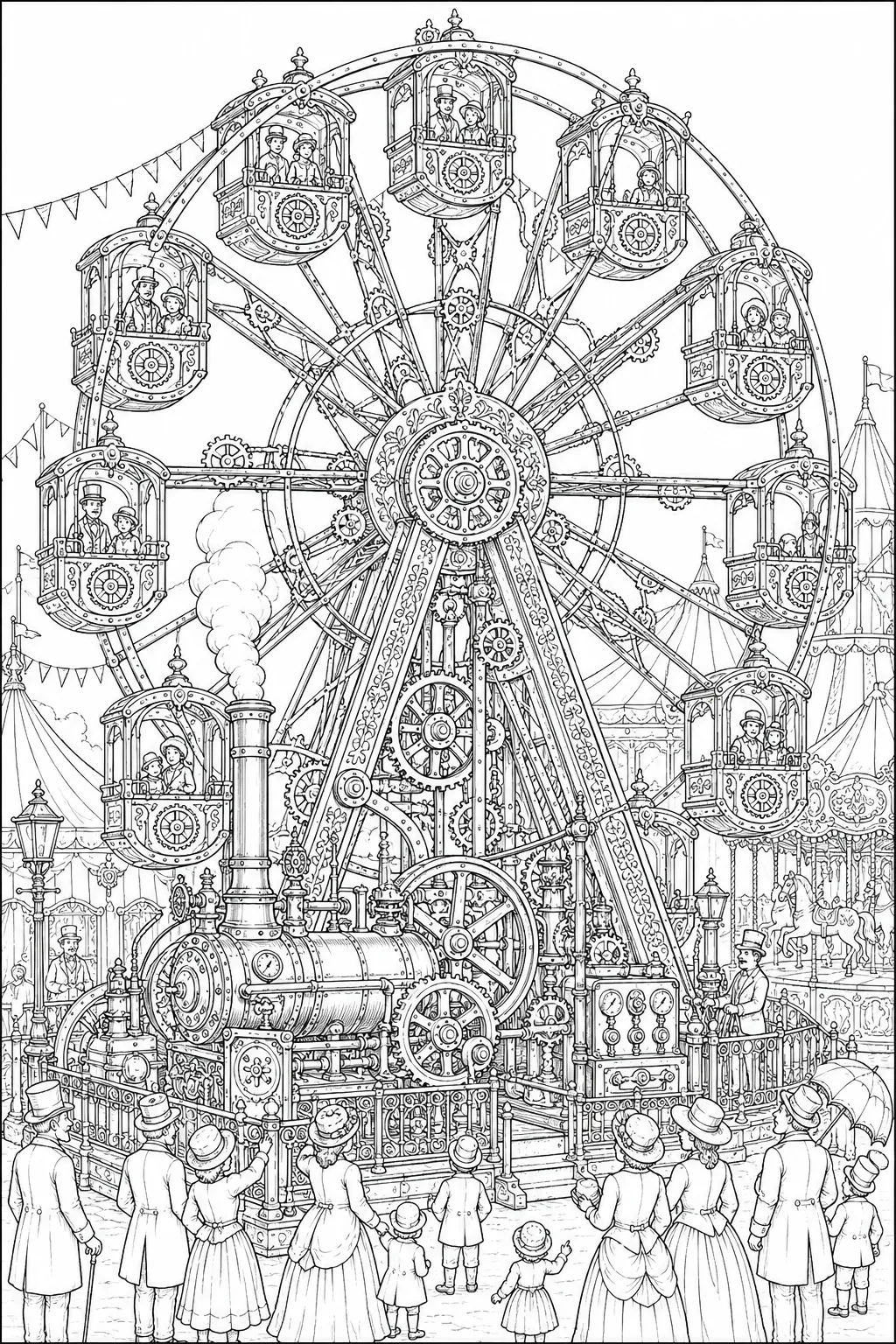 Ausmalseite: Detailliertes viktorianisches Steampunk-Riesenrad mit Dampfmaschine und Messinggondeln