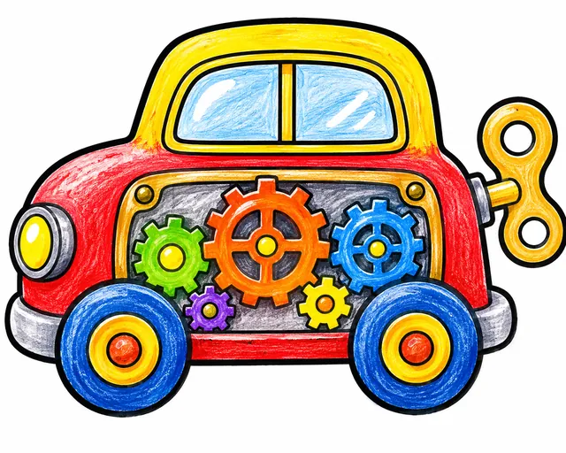 Ausmalseite: Kleines Spielzeugauto mit transparenter Seitenverkleidung zeigt bunte Zahnräder innen, Aufziehschlüssel hinten