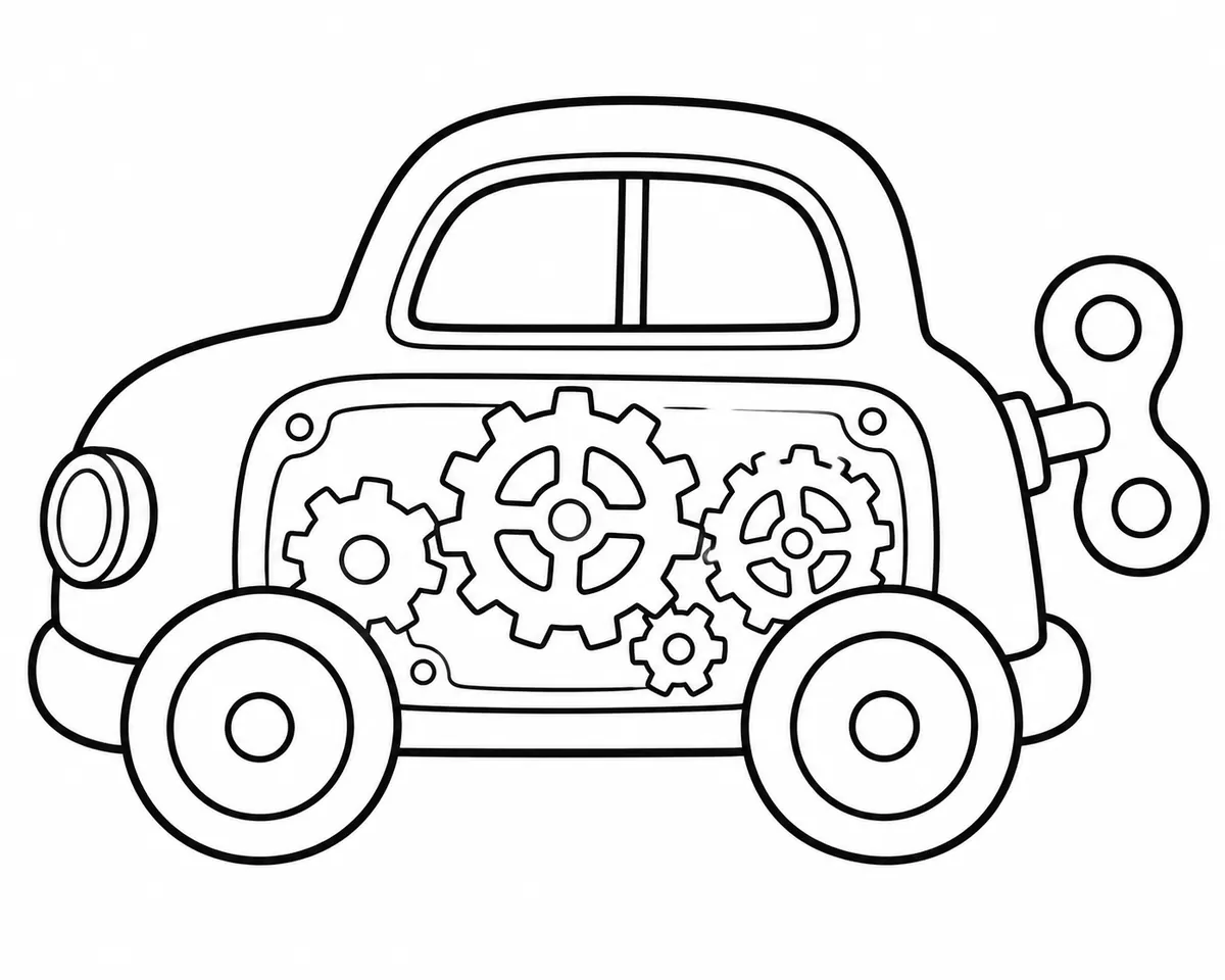 Ausmalseite: Kleines Spielzeugauto mit transparenter Seitenverkleidung zeigt bunte Zahnräder innen, Aufziehschlüssel hinten