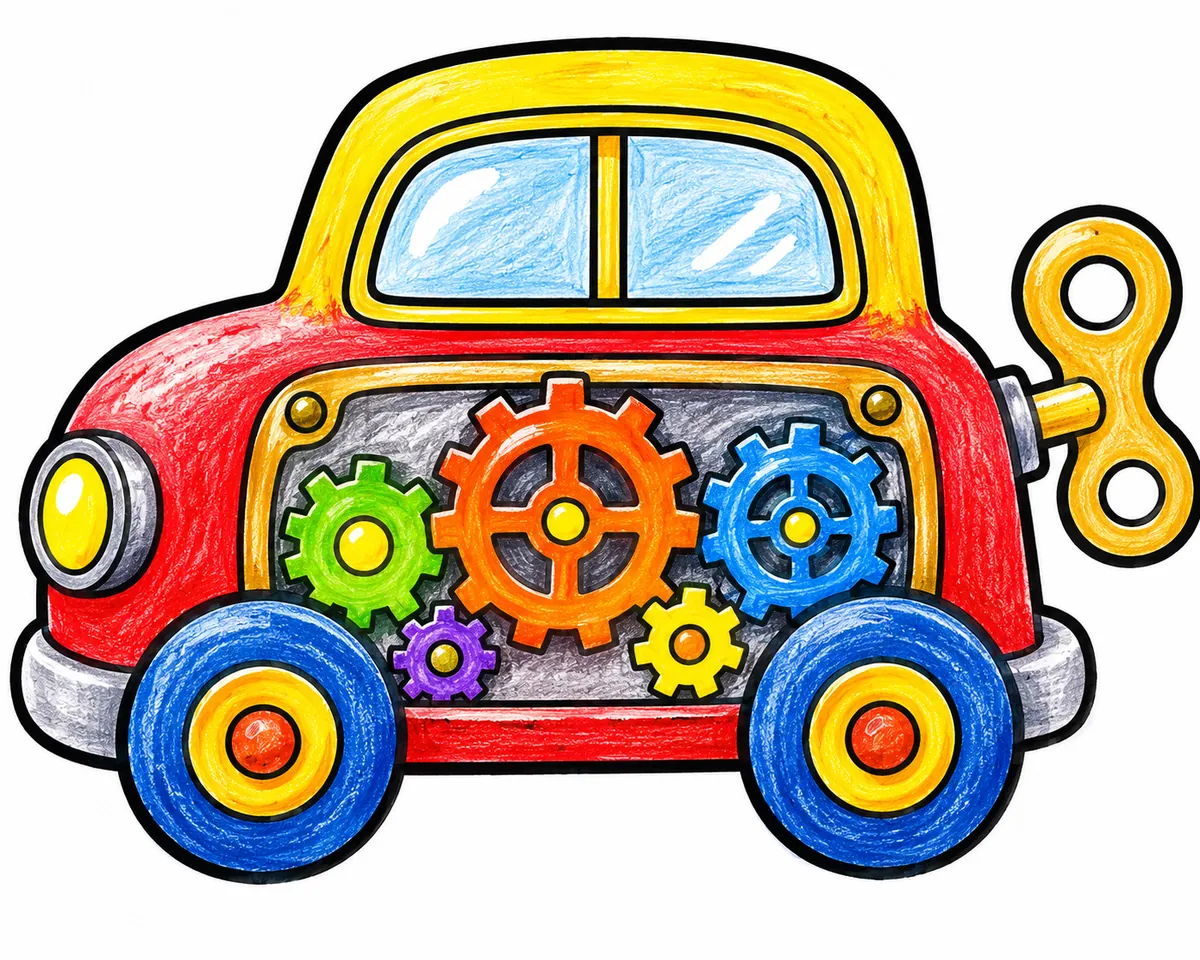 Mechanisches Spielzeug-Auto mit sichtbaren Zahnrädern