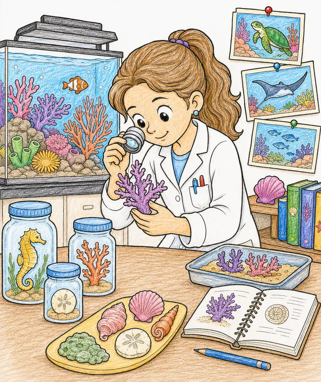 海洋生物学家在实验室检验珊瑚样本 – 涂色效果预览